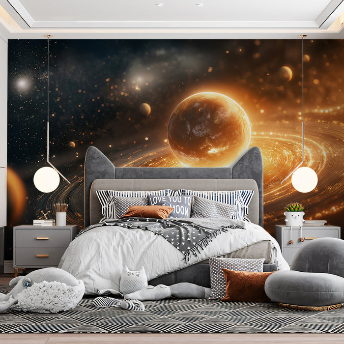 Core Burst Ringed Planet Mural Wallpaper | Intense Gold Glow, Erupting Star System, High Energy