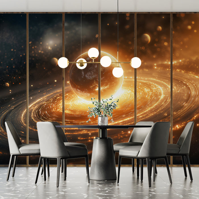 Core Burst Ringed Planet Mural Wallpaper | Intense Gold Glow, Erupting Star System, High Energy