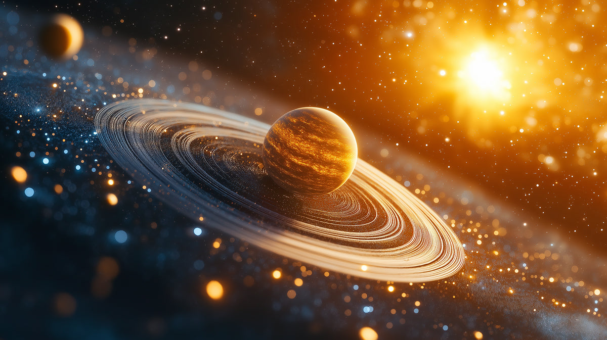 Golden Nebula Planet Mural Wallpaper | Warm Sunlight, Blurred Stars, Shallow Depth of Field
