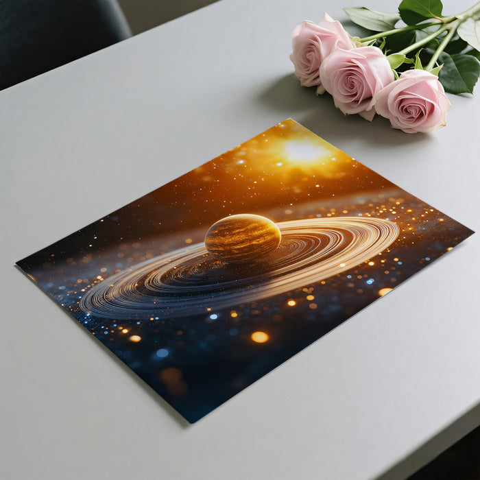 Golden Nebula Planet Mural Wallpaper | Warm Sunlight, Blurred Stars, Shallow Depth of Field