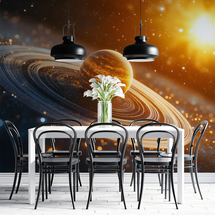 Golden Nebula Planet Mural Wallpaper | Warm Sunlight, Blurred Stars, Shallow Depth of Field