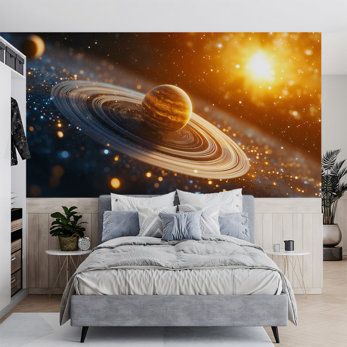 Golden Nebula Planet Mural Wallpaper | Warm Sunlight, Blurred Stars, Shallow Depth of Field