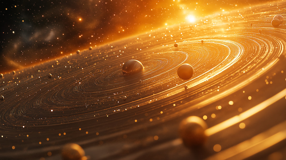 Ring System Close-Up Mural Wallpaper | Massive Golden Rings, Orbital Particles, High Detail