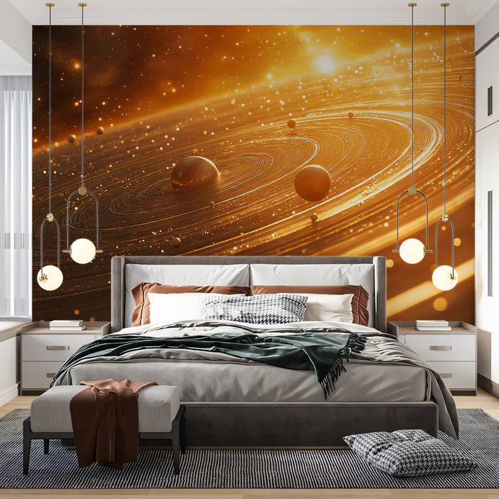 Ring System Close-Up Mural Wallpaper | Massive Golden Rings, Orbital Particles, High Detail