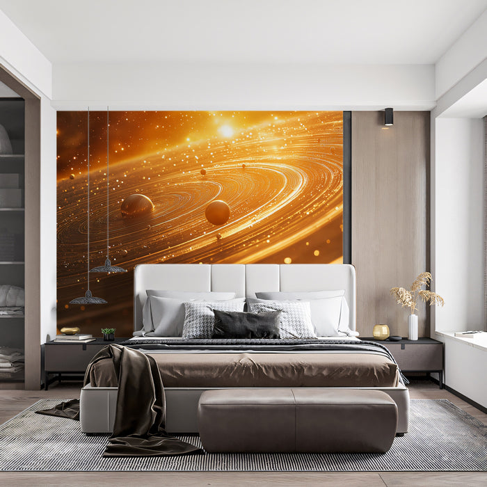 Ring System Close-Up Mural Wallpaper | Massive Golden Rings, Orbital Particles, High Detail