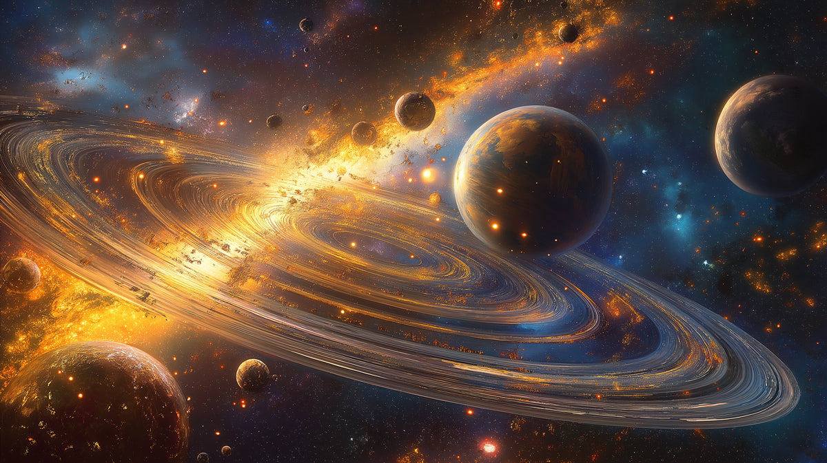 Celestial Metropolis Ring System Mural Wallpaper | Orange and Blue Contrast, Multiple Planets, Cosmic City Lights