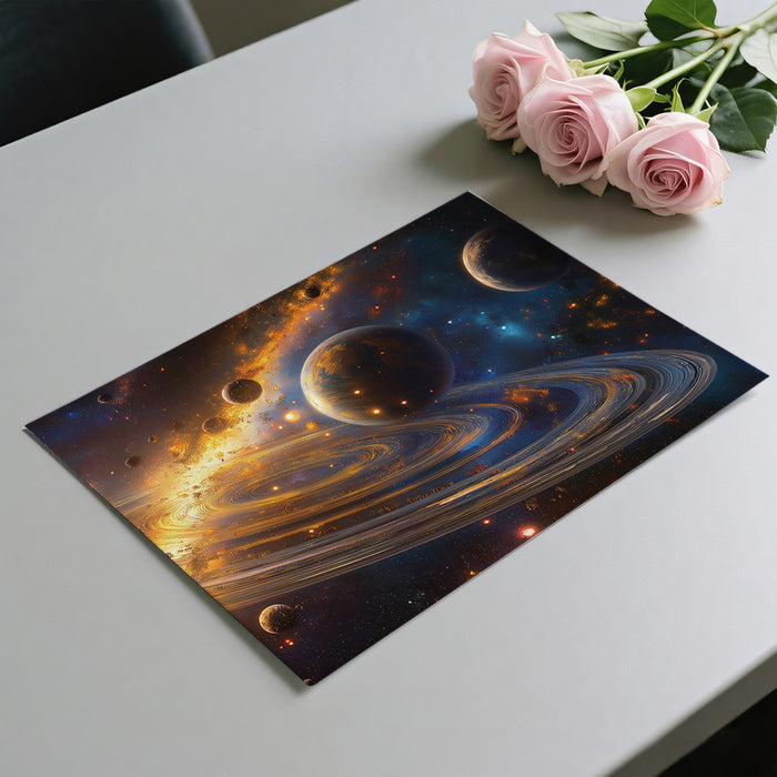 Celestial Metropolis Ring System Mural Wallpaper | Orange and Blue Contrast, Multiple Planets, Cosmic City Lights