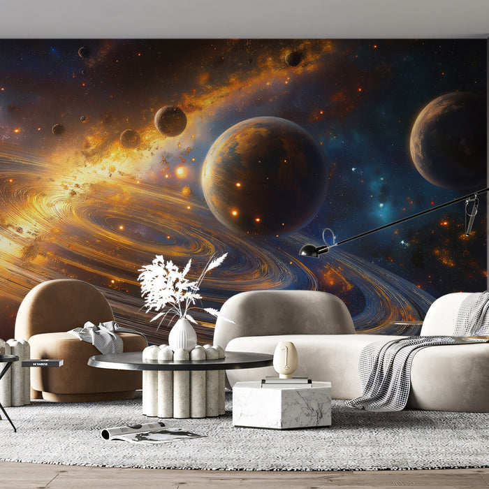 Celestial Metropolis Ring System Mural Wallpaper | Orange and Blue Contrast, Multiple Planets, Cosmic City Lights
