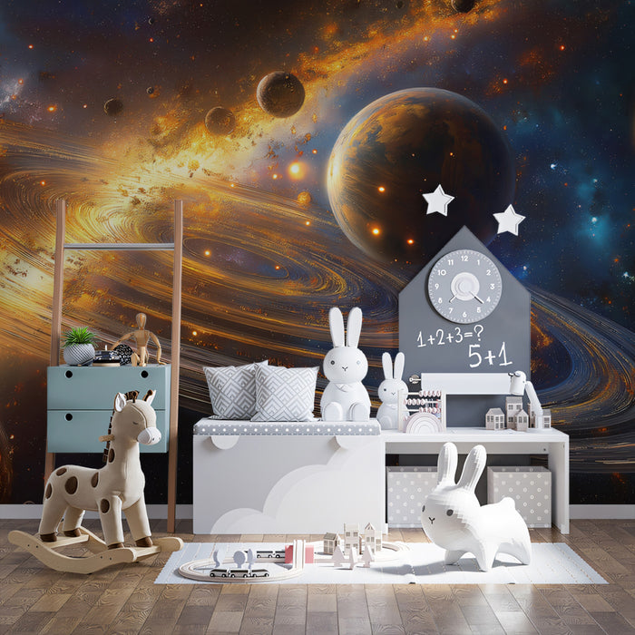 Celestial Metropolis Ring System Mural Wallpaper | Orange and Blue Contrast, Multiple Planets, Cosmic City Lights