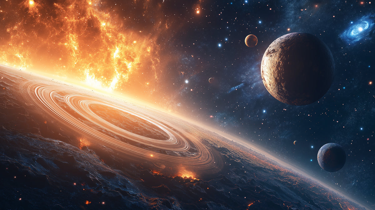 Horizon Rings and Fire Nebula Mural Wallpaper | Terrestrial Planet View, Extreme Cosmic Drama, Orange/Blue