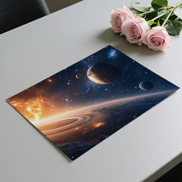 Horizon Rings and Fire Nebula Mural Wallpaper | Terrestrial Planet View, Extreme Cosmic Drama, Orange/Blue