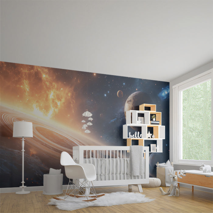 Horizon Rings and Fire Nebula Mural Wallpaper | Terrestrial Planet View, Extreme Cosmic Drama, Orange/Blue