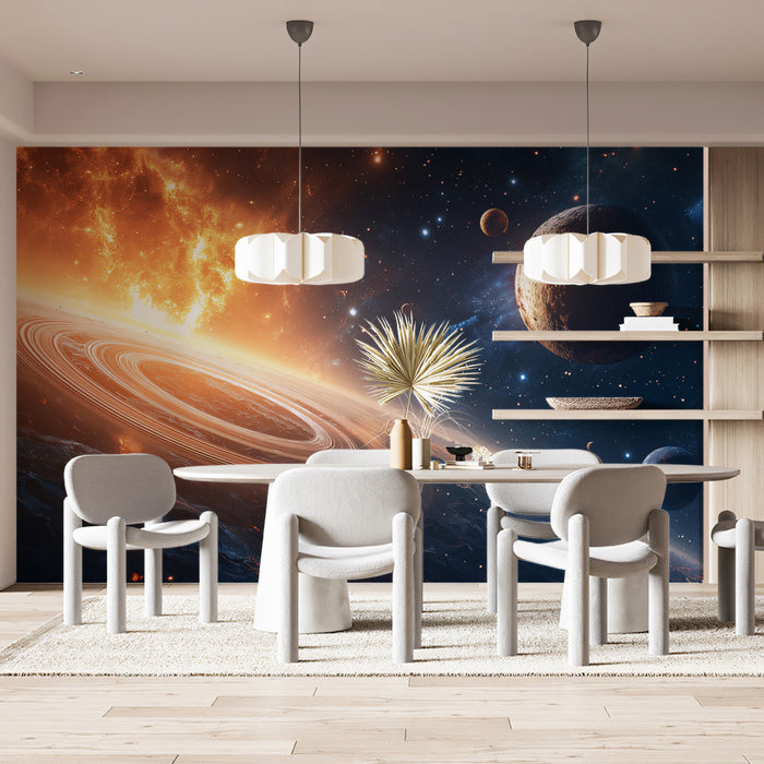 Horizon Rings and Fire Nebula Mural Wallpaper | Terrestrial Planet View, Extreme Cosmic Drama, Orange/Blue