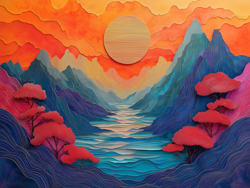 Colorful Mountain Sunset Mural Wallpaper in Living Room | Various Colors (Orange, Red, Blue, etc.) of Mountain Sunset