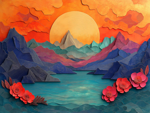 Colorful Mountain Sunset Mural Wallpaper in Living Room | Various Colors (Orange, Red, Blue, etc.) of Mountain Sunset