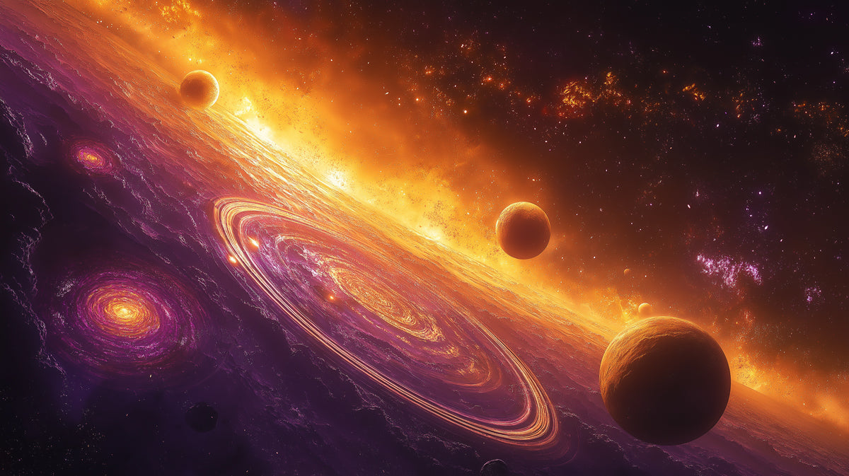 Dual Galaxy Ring Planet Mural Wallpaper | Purple and Orange Cosmic Collision, High Energy Focus