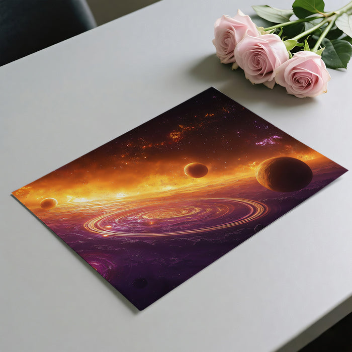 Dual Galaxy Ring Planet Mural Wallpaper | Purple and Orange Cosmic Collision, High Energy Focus