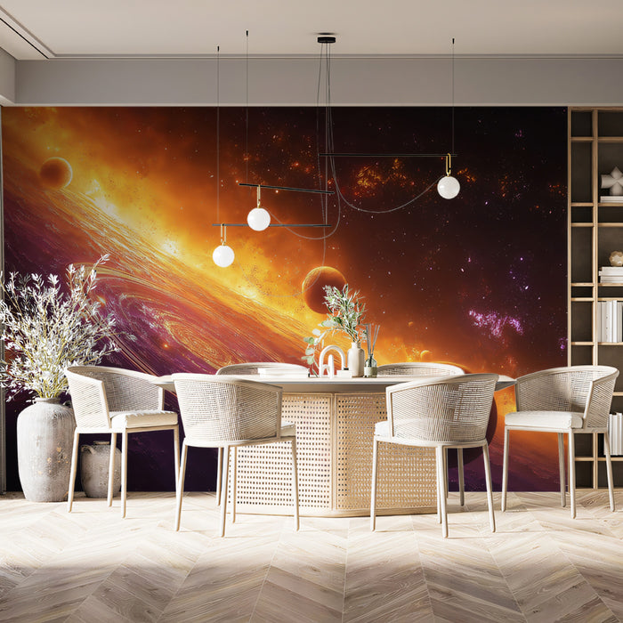 Dual Galaxy Ring Planet Mural Wallpaper | Purple and Orange Cosmic Collision, High Energy Focus