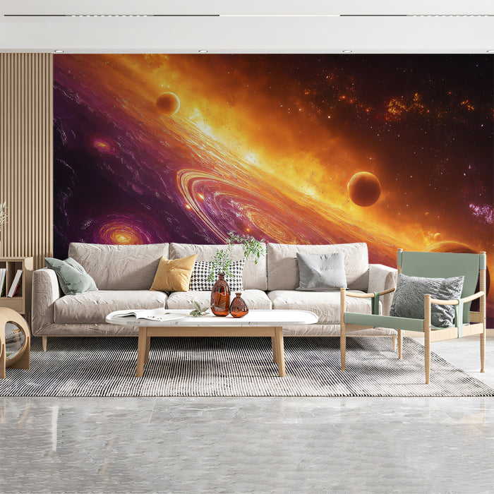 Dual Galaxy Ring Planet Mural Wallpaper | Purple and Orange Cosmic Collision, High Energy Focus