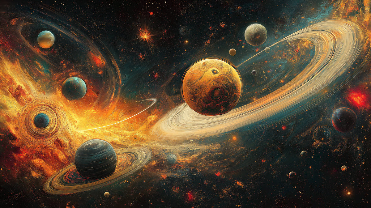 Baroque Cosmic Planetary System Mural Wallpaper | Chaotic Gold and Teal Nebula, Multiple Worlds