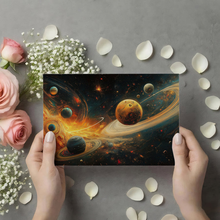 Baroque Cosmic Planetary System Mural Wallpaper | Chaotic Gold and Teal Nebula, Multiple Worlds