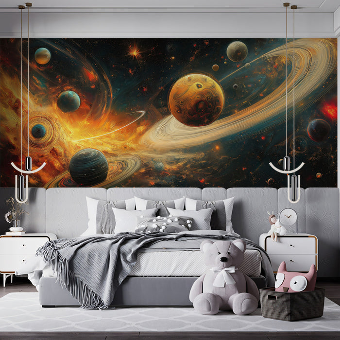 Baroque Cosmic Planetary System Mural Wallpaper | Chaotic Gold and Teal Nebula, Multiple Worlds
