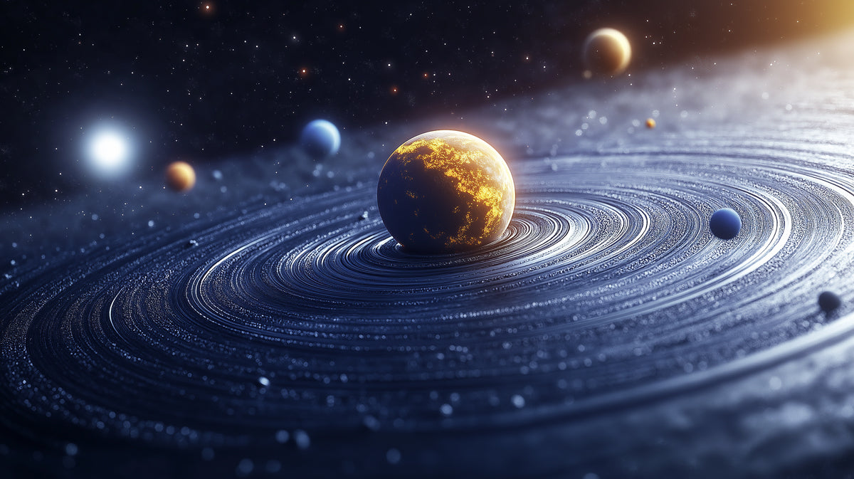 Close-Up Ring System Planet Mural Wallpaper | Cool Blue Rings, Fiery Planet Core, High Contrast