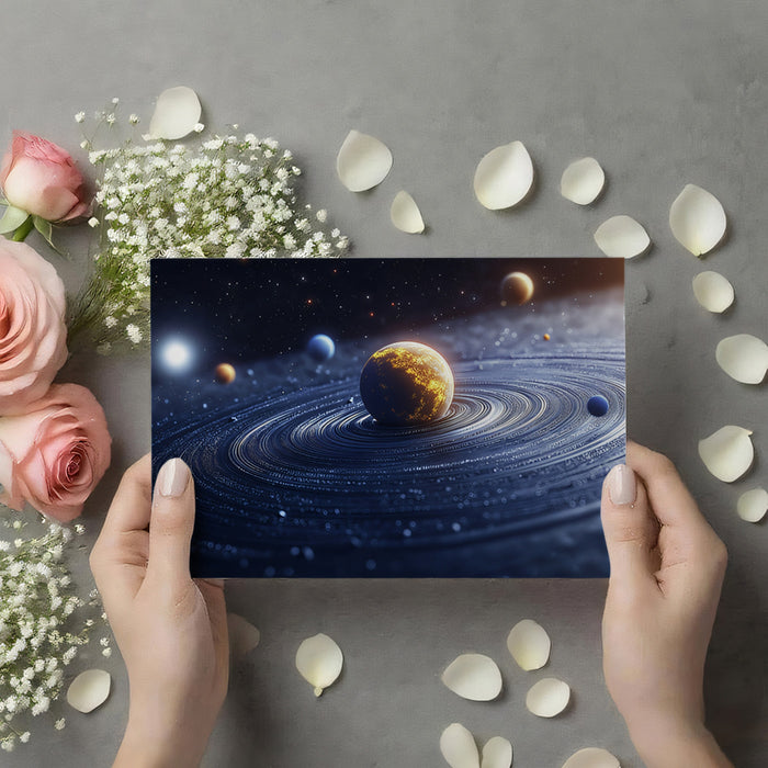 Close-Up Ring System Planet Mural Wallpaper | Cool Blue Rings, Fiery Planet Core, High Contrast