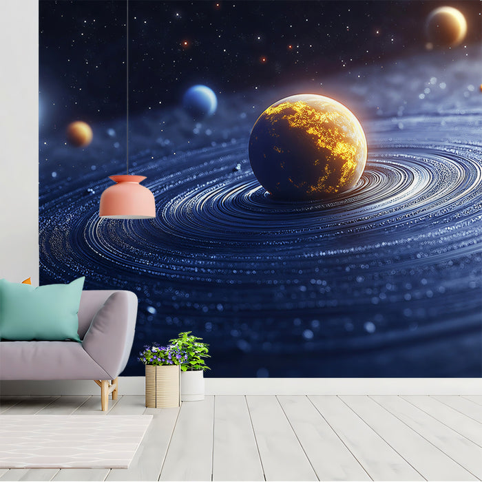 Close-Up Ring System Planet Mural Wallpaper | Cool Blue Rings, Fiery Planet Core, High Contrast