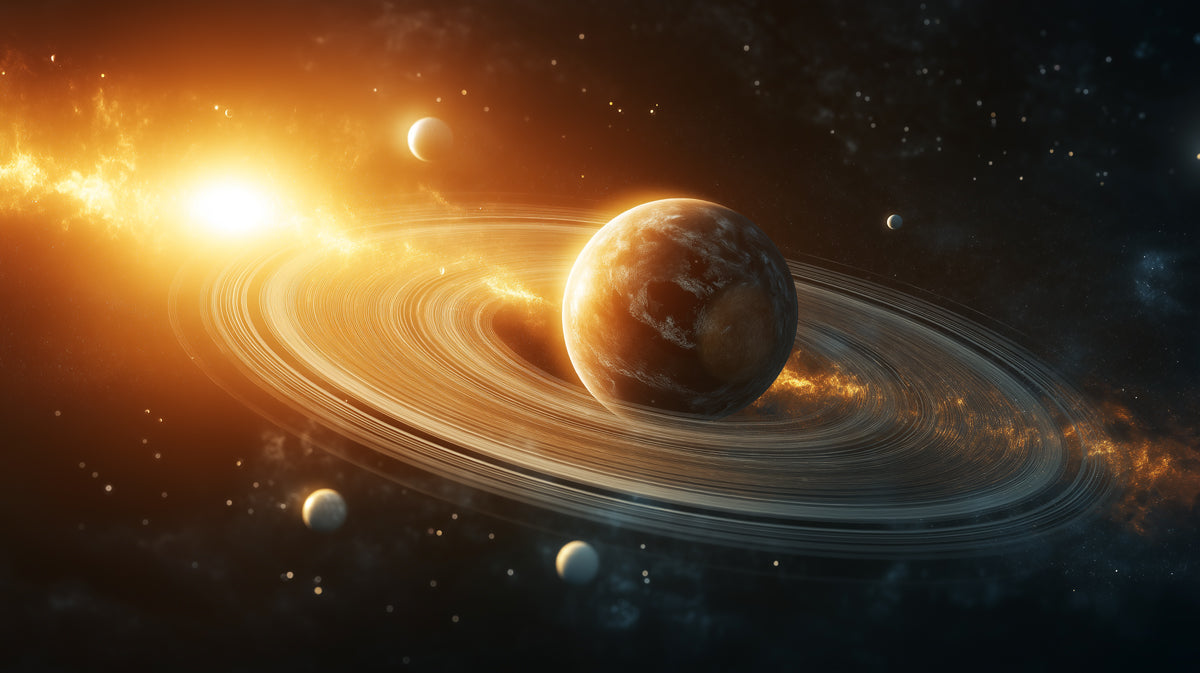 Sun-Kissed Ringed Planet Mural Wallpaper | Warm Orange Glow, Orbital Moons, Celestial Drama
