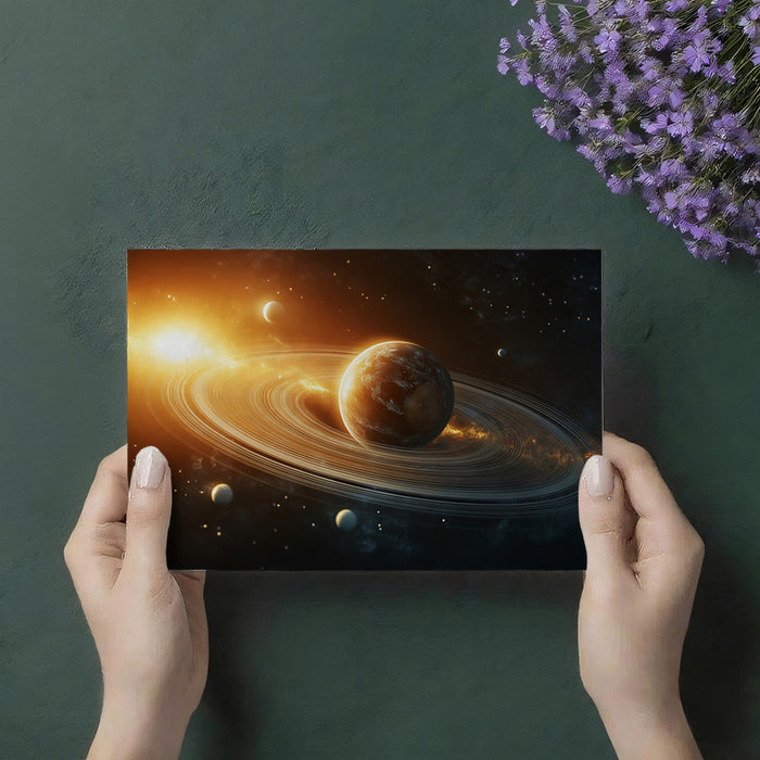Sun-Kissed Ringed Planet Mural Wallpaper | Warm Orange Glow, Orbital Moons, Celestial Drama