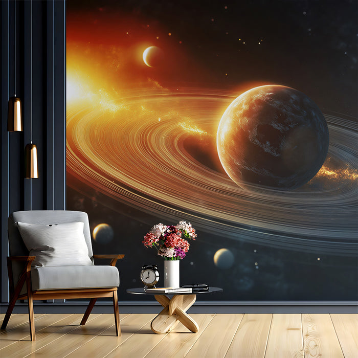 Sun-Kissed Ringed Planet Mural Wallpaper | Warm Orange Glow, Orbital Moons, Celestial Drama