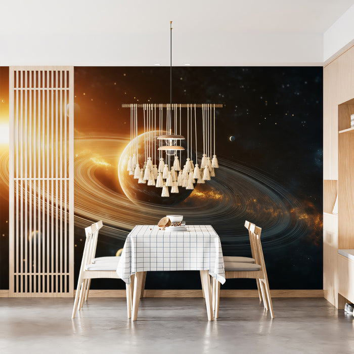 Sun-Kissed Ringed Planet Mural Wallpaper | Warm Orange Glow, Orbital Moons, Celestial Drama