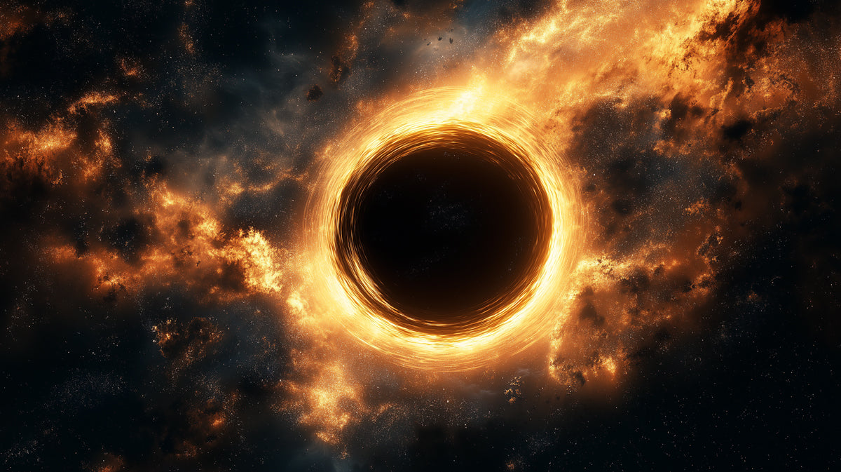 Fiery Black Hole Accretion Disk Mural Wallpaper | Golden Cosmic Ring, Intense Energy, Dark Center