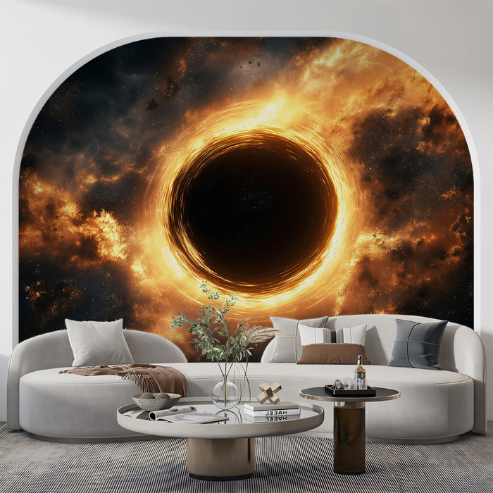Fiery Black Hole Accretion Disk Mural Wallpaper | Golden Cosmic Ring, Intense Energy, Dark Center