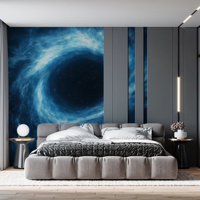 Cold Blue Black Hole Vortex Mural Wallpaper | Azure Cosmic Swirl, Negative Space Focus, Cool Drama