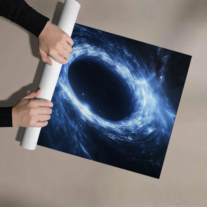 Angled Blue Black Hole Accretion Disk Mural Wallpaper | Elliptical Vortex, Depth and Light, Sci-Fi Aesthetic