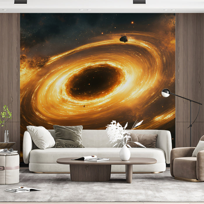 Golden Black Hole Accretion Vortex Mural Wallpaper | Fiery Rings, Cosmic Dust, Explosive Energy