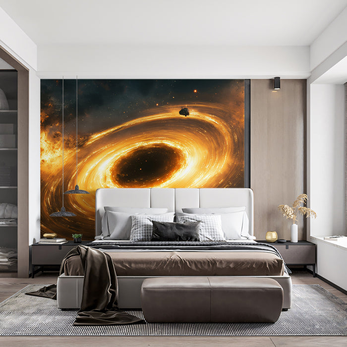 Golden Black Hole Accretion Vortex Mural Wallpaper | Fiery Rings, Cosmic Dust, Explosive Energy