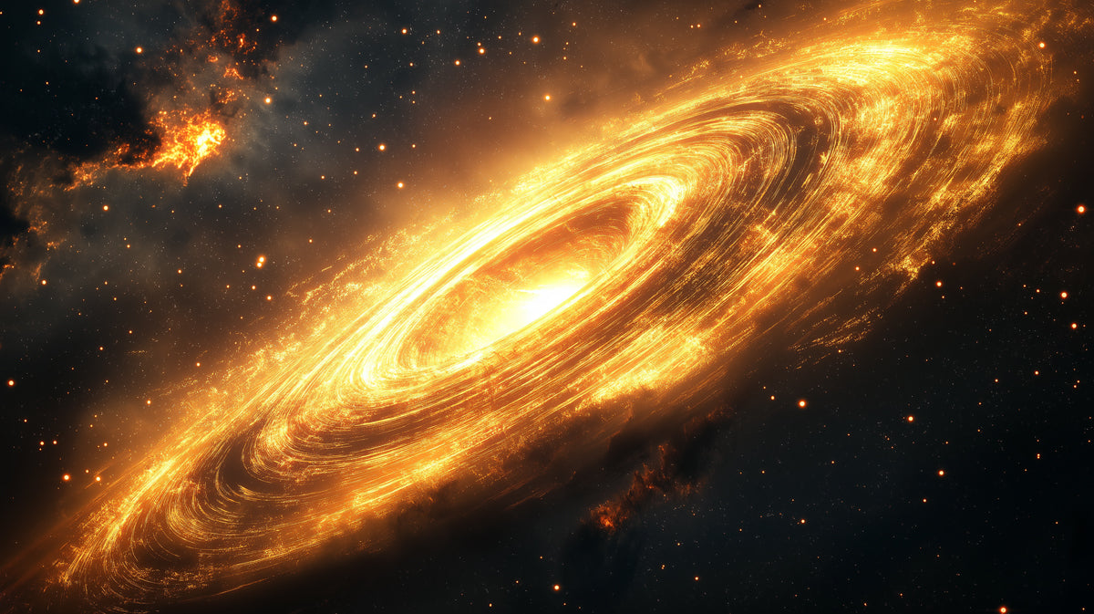 Intense Golden Galactic Disk Mural Wallpaper | Edge-On View, Starburst Energy, Cosmic Grandeur