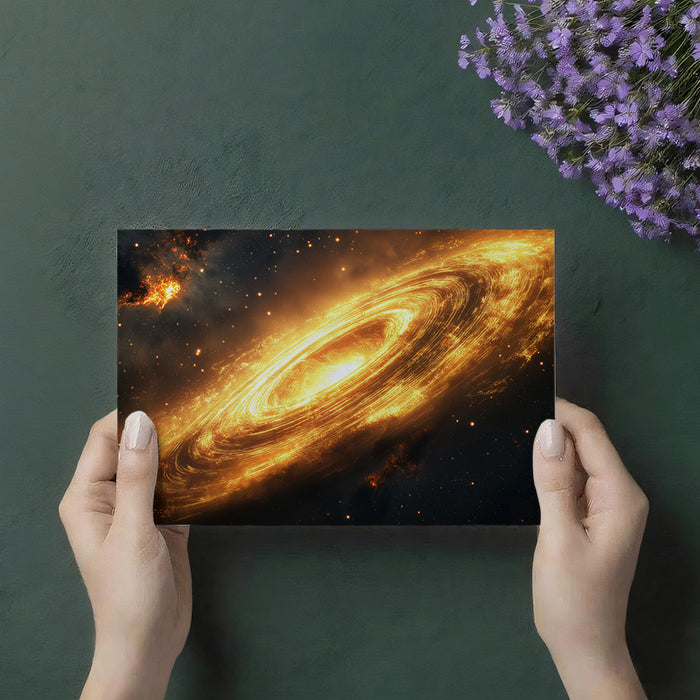 Intense Golden Galactic Disk Mural Wallpaper | Edge-On View, Starburst Energy, Cosmic Grandeur