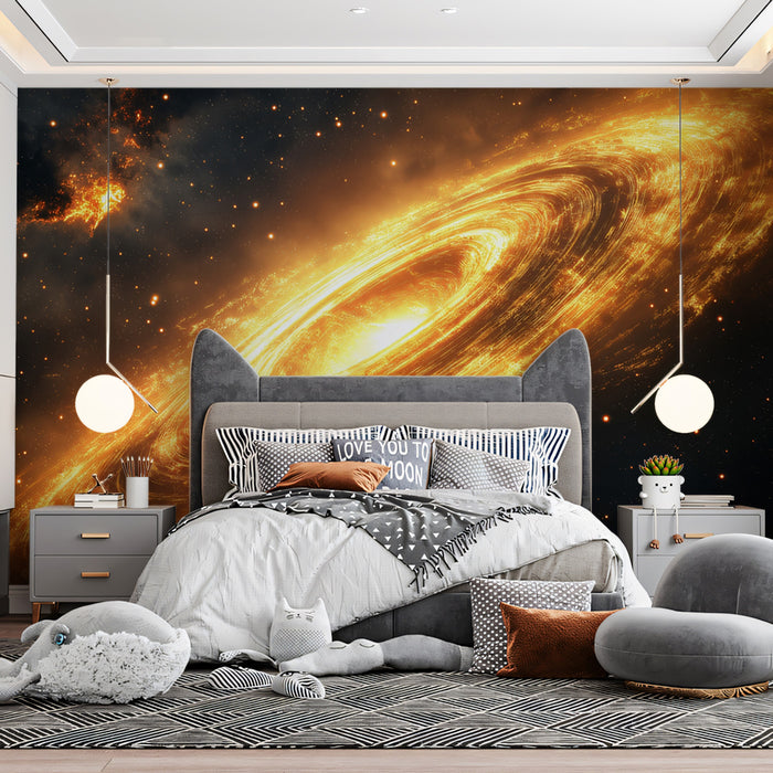 Intense Golden Galactic Disk Mural Wallpaper | Edge-On View, Starburst Energy, Cosmic Grandeur