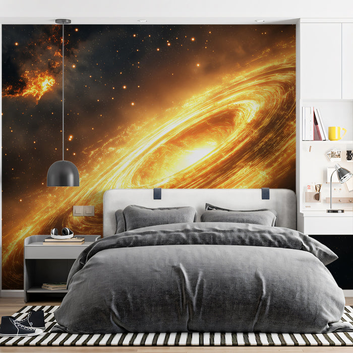 Intense Golden Galactic Disk Mural Wallpaper | Edge-On View, Starburst Energy, Cosmic Grandeur
