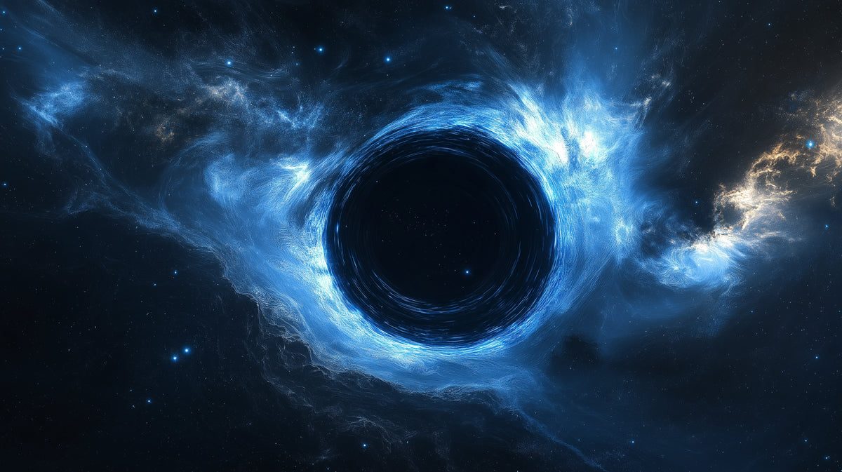 Central Blue Black Hole Mural Wallpaper | Clean Event Horizon, Cool Blue Accretion Cloud, Mystery