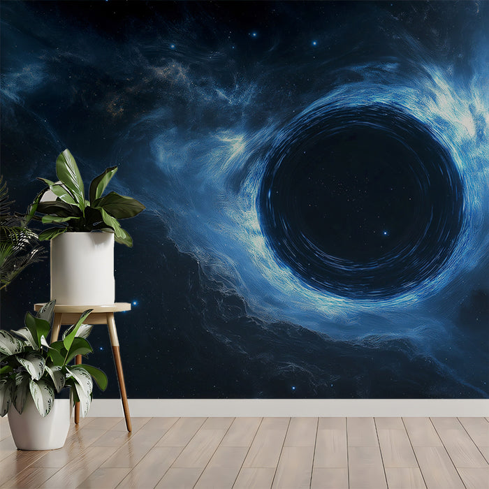 Central Blue Black Hole Mural Wallpaper | Clean Event Horizon, Cool Blue Accretion Cloud, Mystery