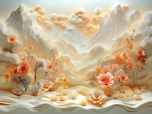 Mountain and Flower Mural Wallpaper in Bedroom | Various Colors (Orange, Beige, etc.) of Mountain and Flower