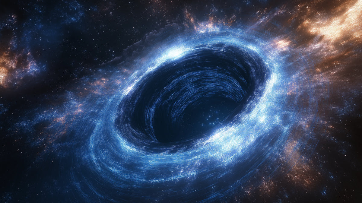 Dual-Tone Black Hole Vortex Mural Wallpaper | Blue and Gold Accretion, Angled Cosmic Funnel, High Drama