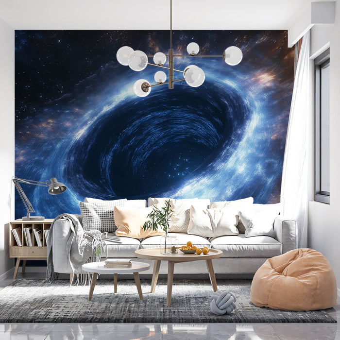 Dual-Tone Black Hole Vortex Mural Wallpaper | Blue and Gold Accretion, Angled Cosmic Funnel, High Drama