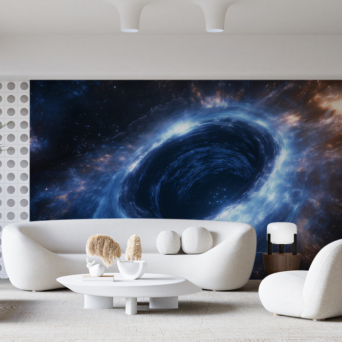 Dual-Tone Black Hole Vortex Mural Wallpaper | Blue and Gold Accretion, Angled Cosmic Funnel, High Drama