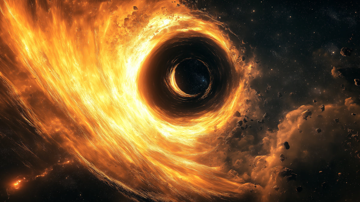 Intense Fire Black Hole Vortex Mural Wallpaper | Accretion Disk Close-Up, Swirling Gold and Orange Energy